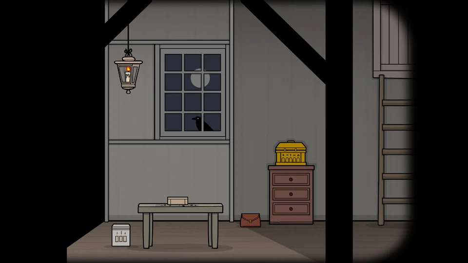 The attic interior in Servant of the Lake, with its lantern and puzzle furniture.