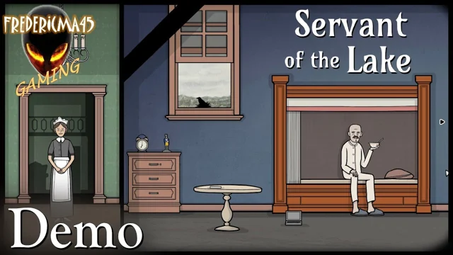 Servant of the Lake PC demo recording cover, showing the servant’s reflection and Aldous beside his bed.