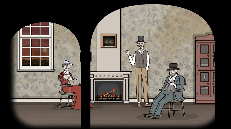 The family gathering beside the fireplace in Servant of the Lake.