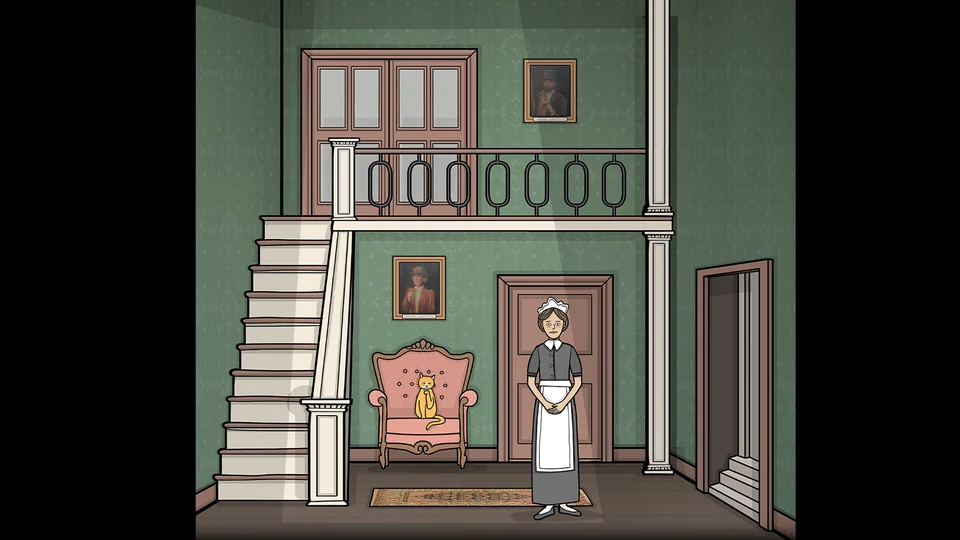 The green entrance hall in Servant of the Lake, with staircase, pink chair and a figure beside the chair.