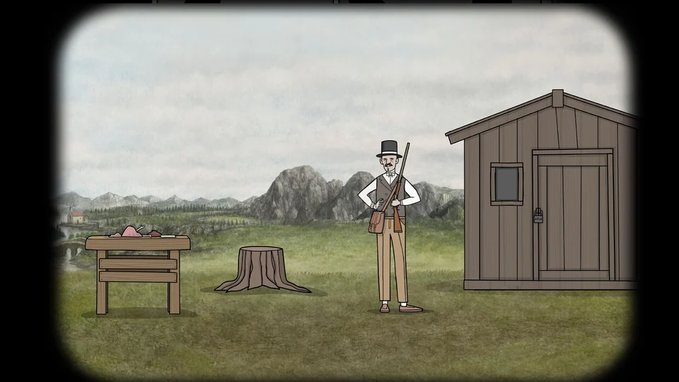The outdoor hunting area in Servant of the Lake, with a table, stump and closed shed.