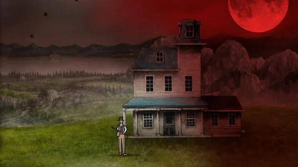 Rusty Lake’s official Servant of the Lake release trailer cover, showing the estate beneath a red moon.