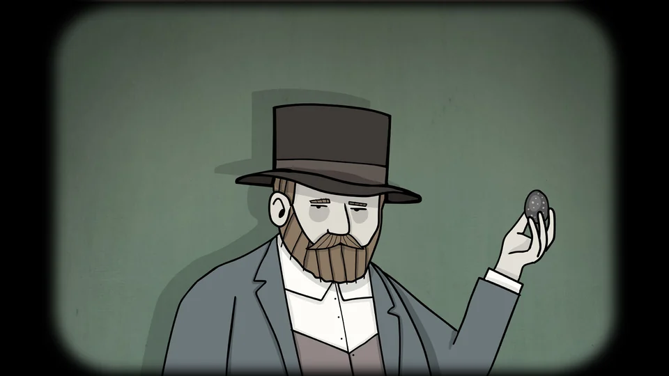 William in a top hat holding a small object in Servant of the Lake.